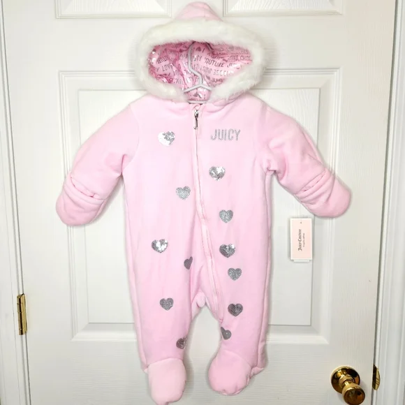 Baby Juicy Couture Winter Suit Bunting Pink Silver Sequin Heart Fur Hood NWT - Picture 1 of 12